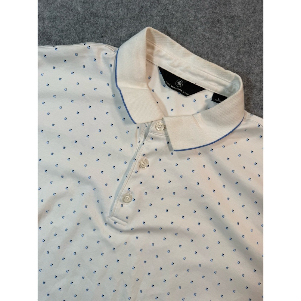 Hart‎ Schaffner Marx Mens White Blue Geometric Print Cotton Polo Shirt Size L